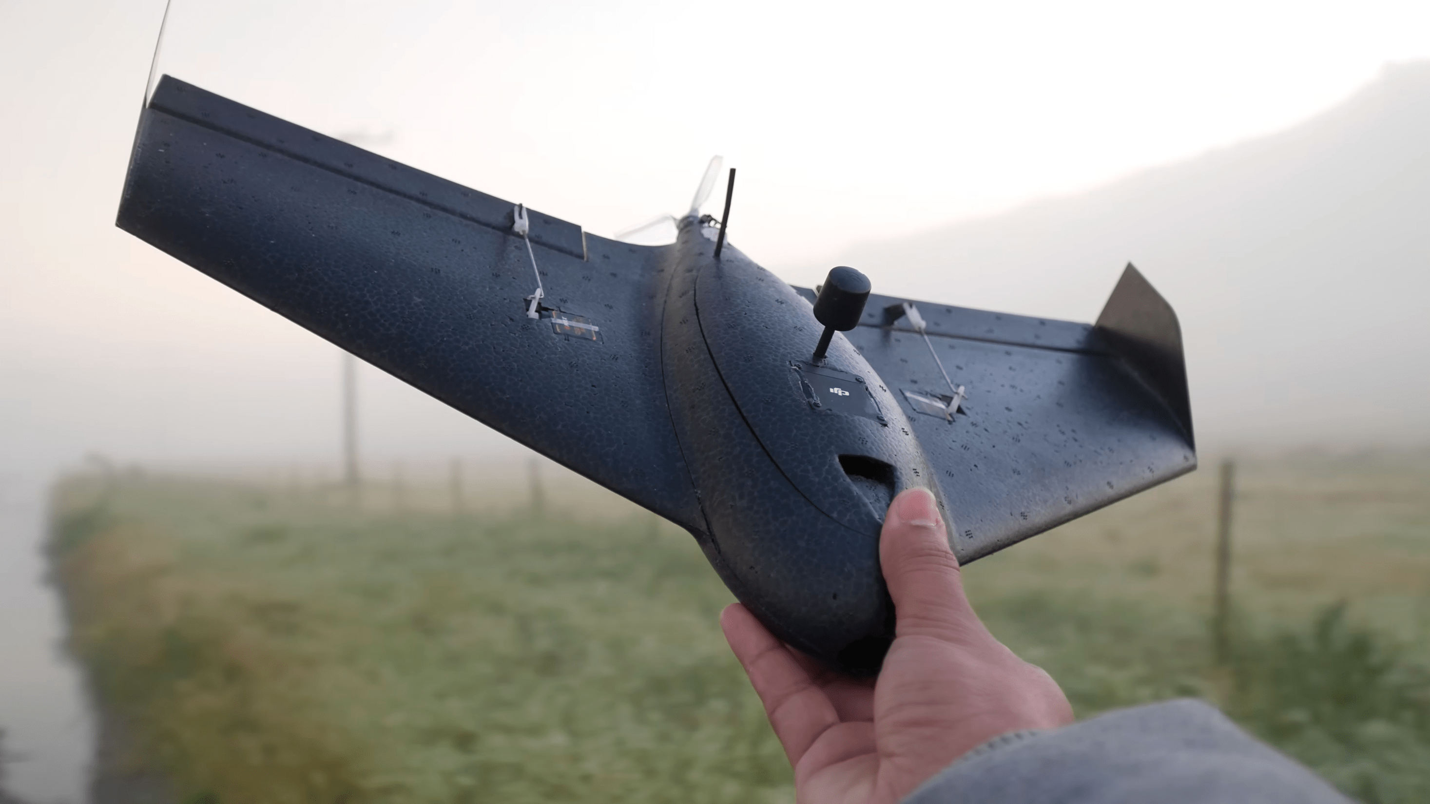 Black Flik Wing held in hand in a misty field